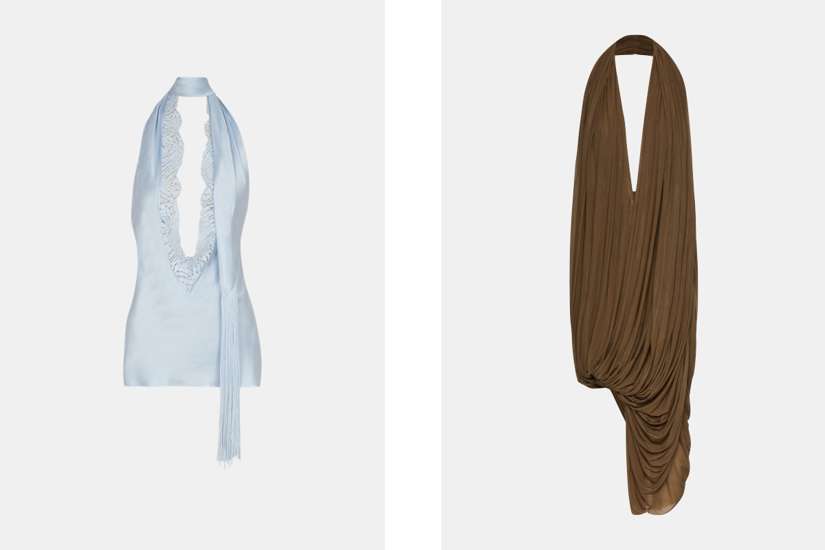 Top em seda, € 1.190, Balmain; Vestidem cupro, € 2.095, Magda Butrym.
