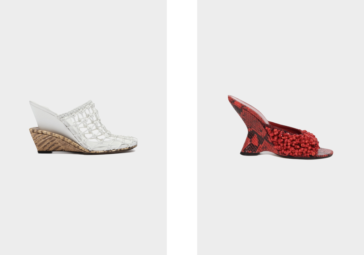 Mules Croisièreem pele, € 990, Jacquemus; mules em pele, € 855, Dries Van Noten.