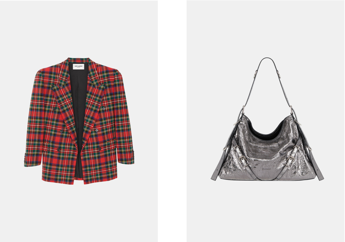 Blazer em tartan, € 2.990, Saint Laurent by Anthony Vaccarello; carteira em pele, € 2.020, Givenchy.