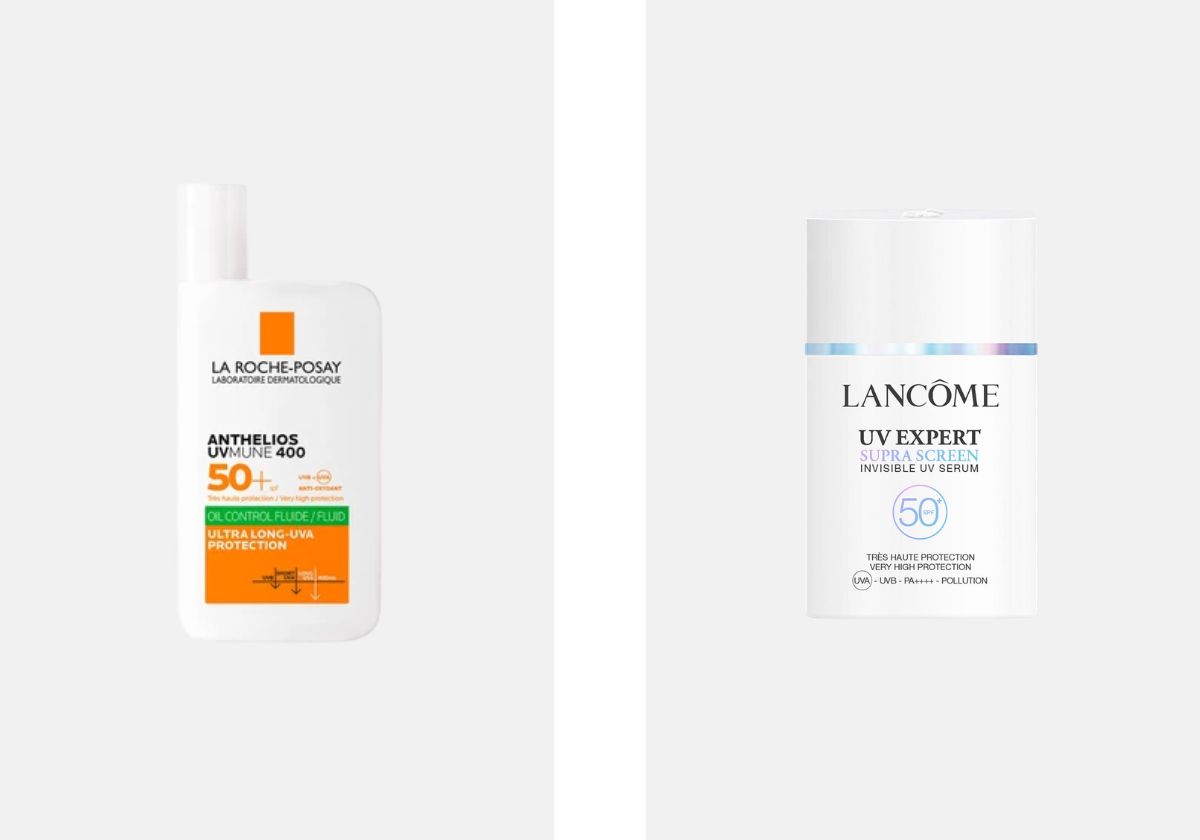 À esquerda: Protetor solar SPF 50+ Anthelios Mate UVMune 400, €28,70, La Roche-Posay, na Wells. À direita: Sérum protetor solar UV Expert Supra Screen Invisible, €48,41, Lancôme, na Wells.
