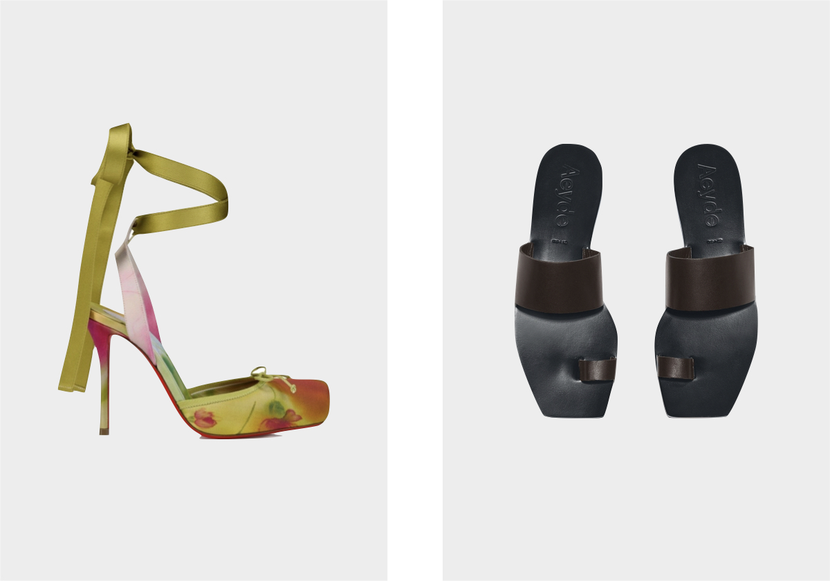 Sandálias Cassia Lace Up 100, € 1,045, Christian Louboutin; mules Sibel, € 275, Ayede.