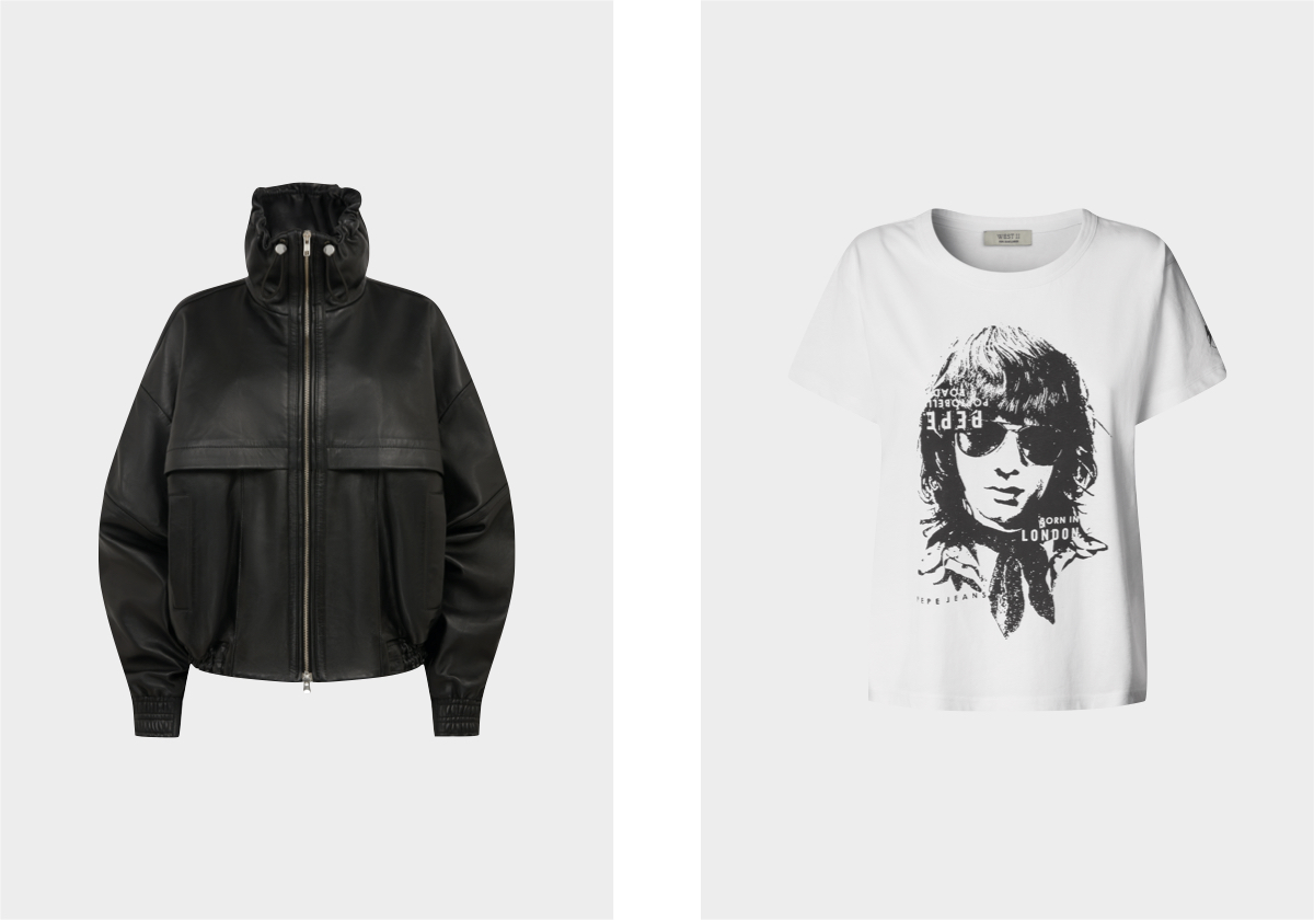 Casaco Lennox em pele, preço sob consulta, Rat & Boa; top em algodão, € 39, Pepe Jeans.