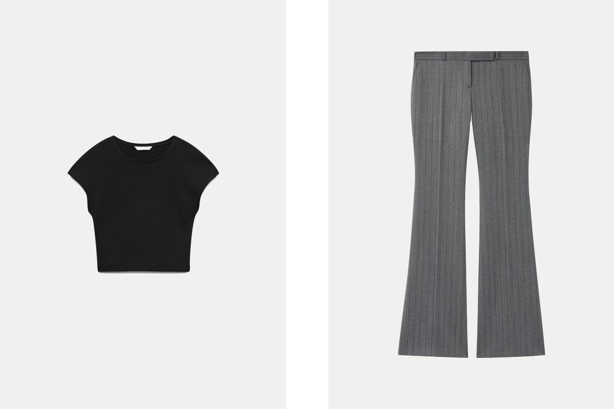 Top em algodão, € 5,95, Zara; calças Herringbone Bumster em lã, € 990, McQueen.