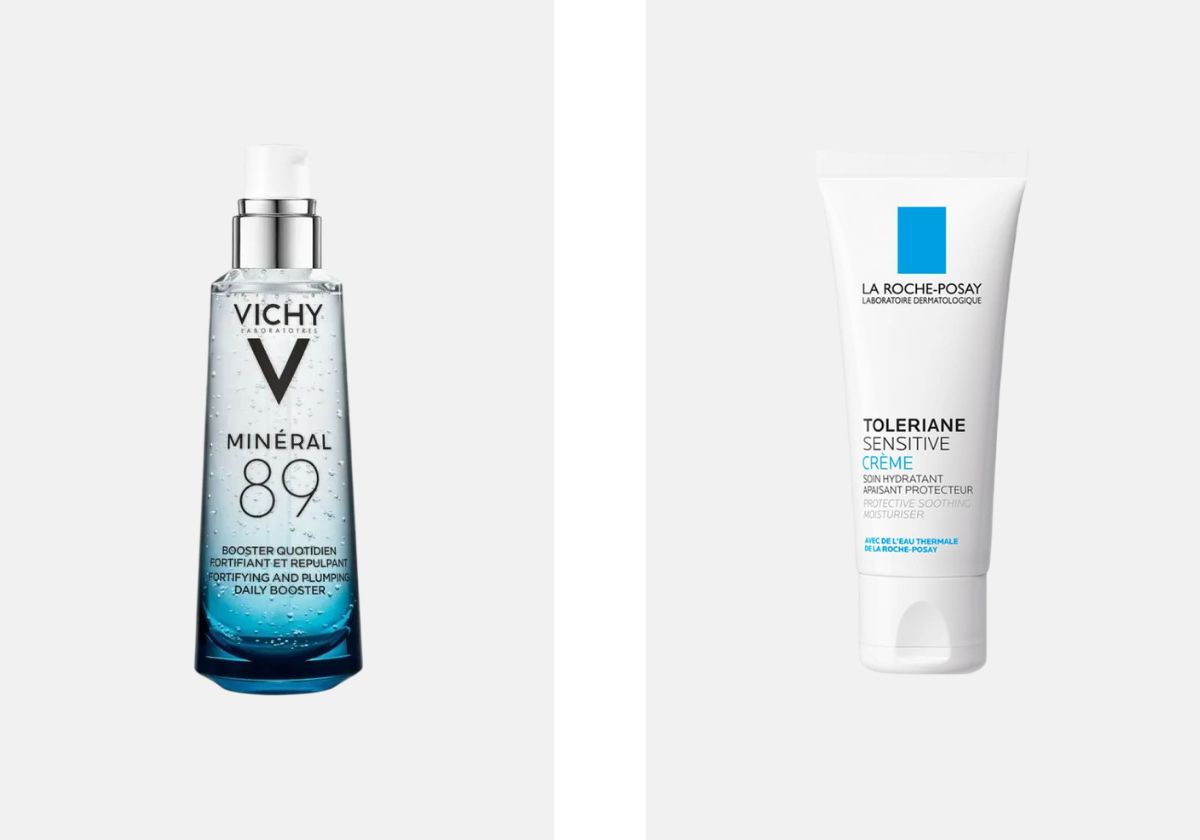 À esquerda: Sérum de rosto Minéral 89 Booster Quotidien, €30,20, Vichy, na Wells. À direita: Creme hidratante de rosto Toleriane Sensitive Riche Apaisant, €23,30, La Roche-Posay, na Wells.