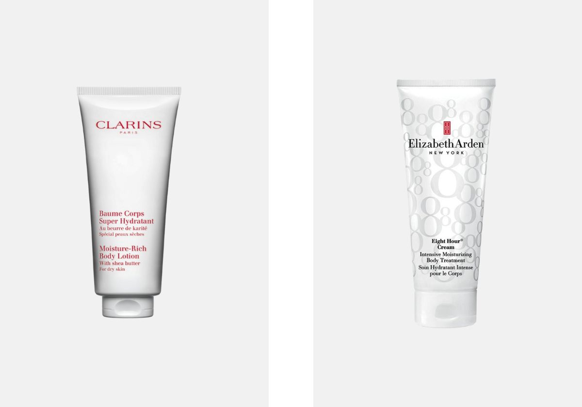 À esquerda: Creme hidratante Baume Corps, €48,99, Clarins, no Douglas. À direita: Creme hidratante intenso Eight Hour, €39,99, Elizabeth Arden, na Douglas.