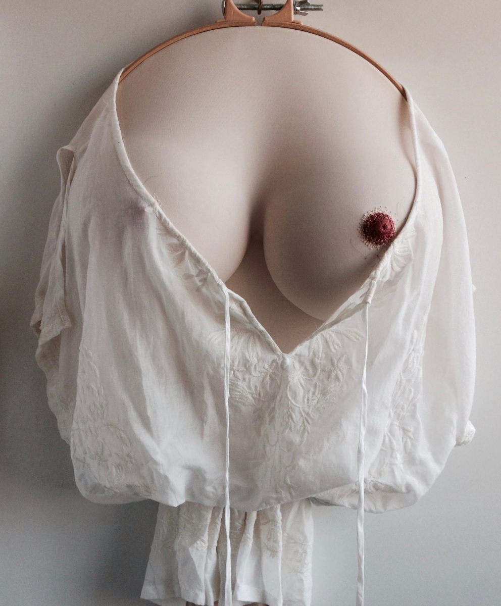 Josephine (2012), Lycra, foam padding, blouse, embroidery silk, hair, quilting hoop.