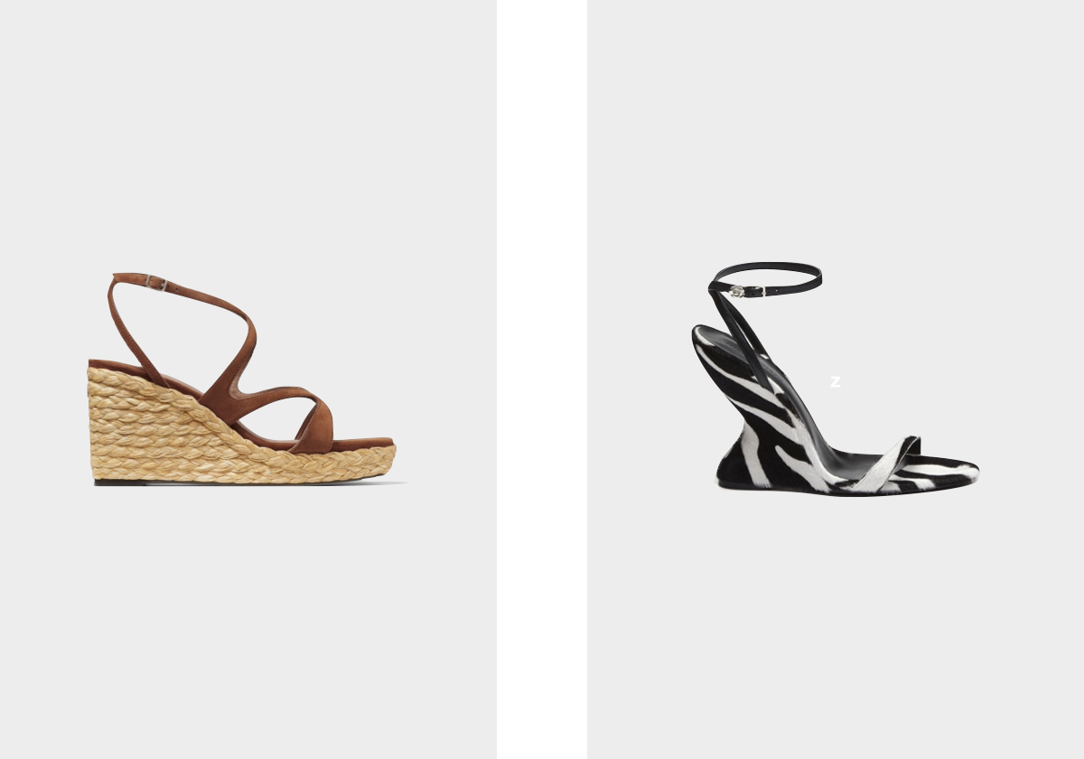 Espadrilhas Ayla 85, € 695, Jimmy Choo; sandáslias em pele, € 1.005, Magdsa Butrym.