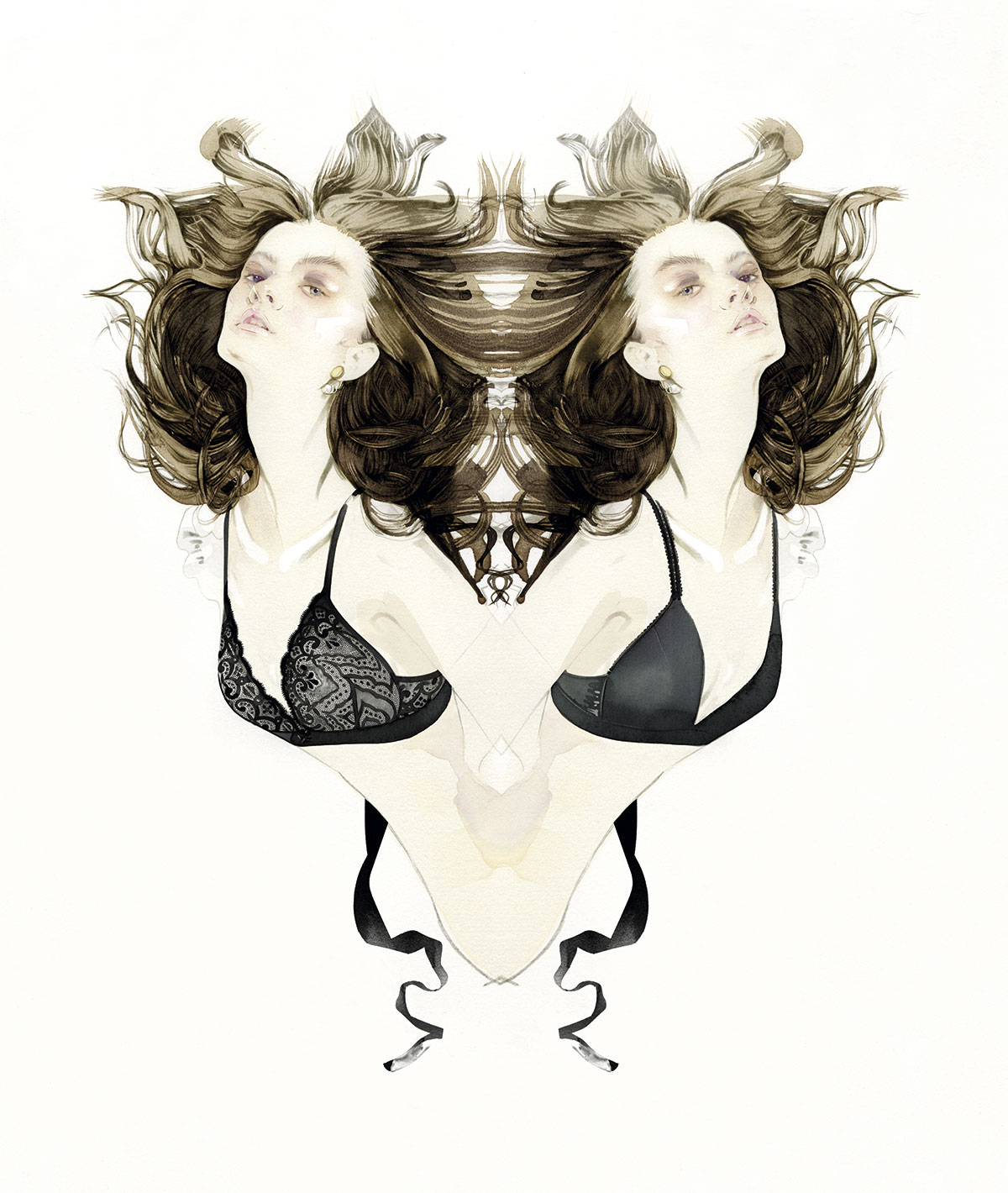 Emma, em renda, € 19,90, e Emma, em seda, € 29,90, dois modelos 1 2 3 triangulares de copa simples, ambos Intimissimi. © Ilustração de Nuno da Costa