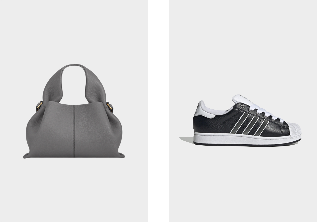 Carteira Numéro Neuf, € 390, Polène; sapatilhas Superstar II, € 120, Adidas.