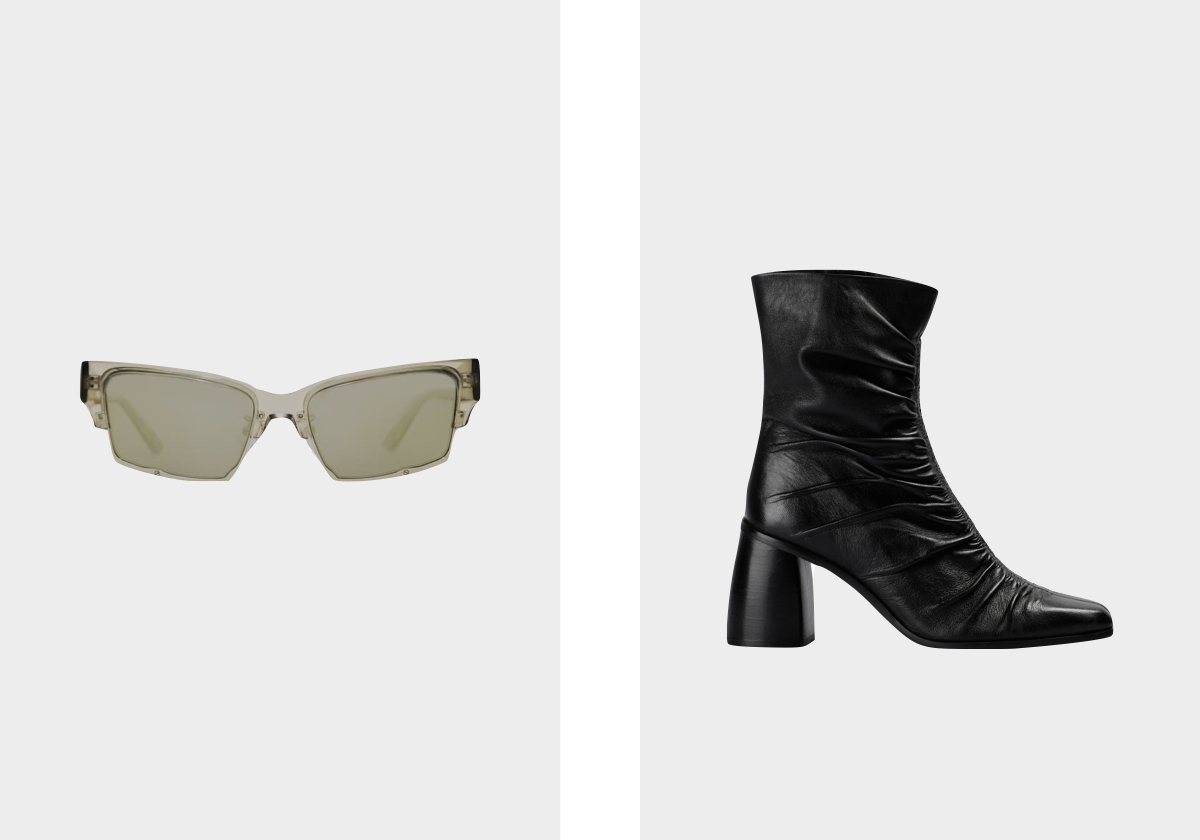 Óculos de sol The Club, € 375, Eckhaus Latta; botas em pele, € 159, Scalpers.