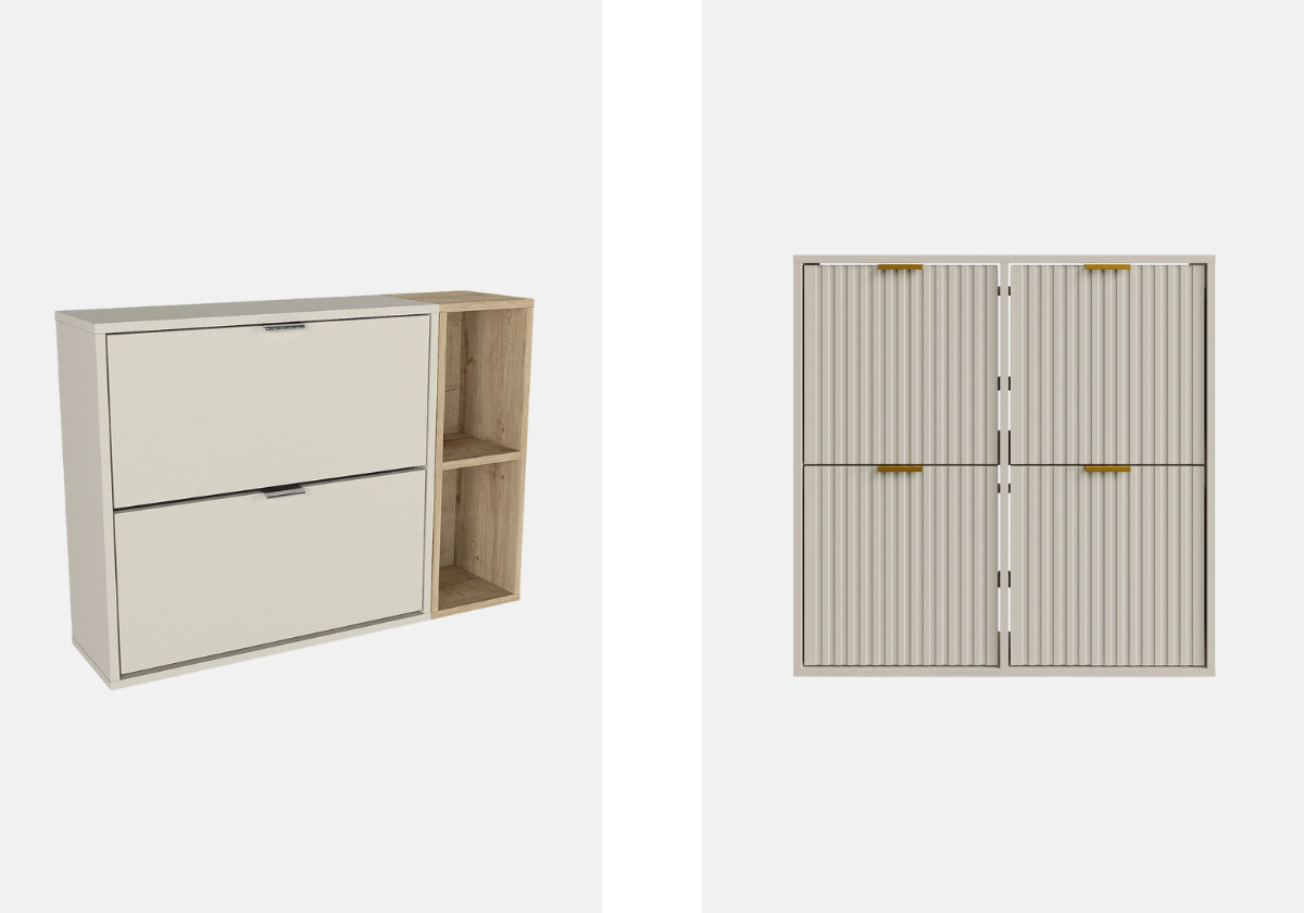 À esquerda: Sapateira Jalido, €199,99. À direita: Móvel para calçado Fralyn, €149,99.
