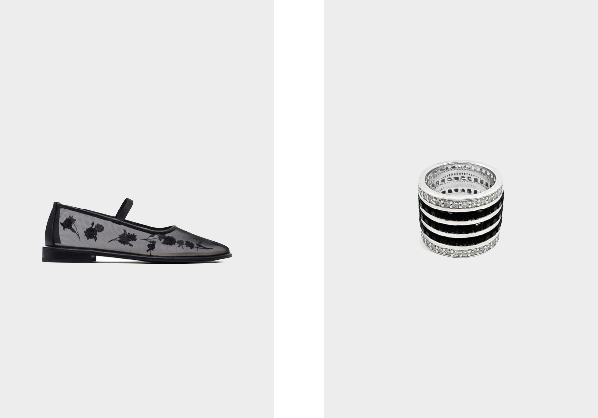 Sapatos Mariykaem pele, € 148, Lookie Atelier; Anel em ródio banhado em prata de lei, € 304,95, Natkina.