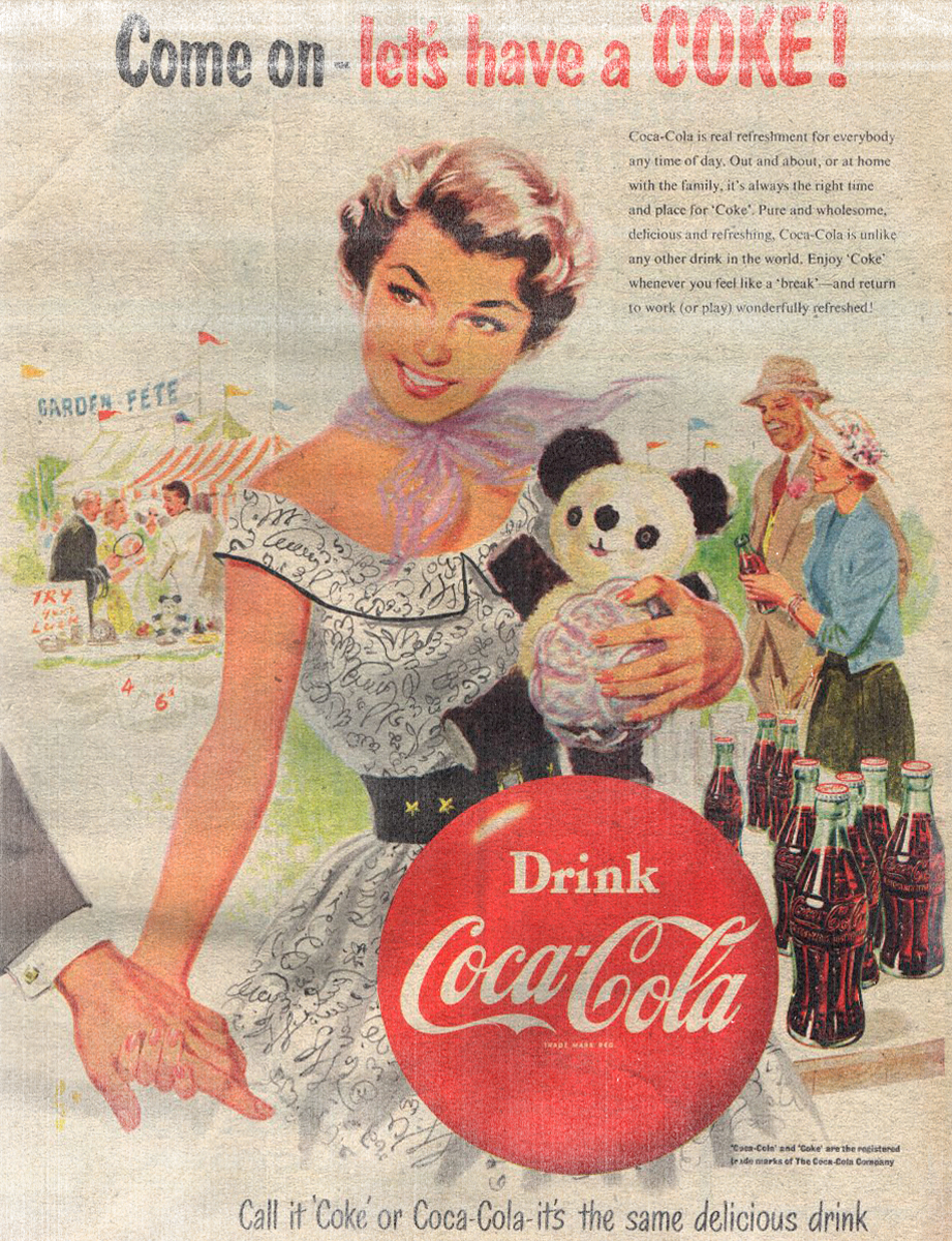 © Coke or Coca-Cola or whatever. What matters is that the drink is delicious, according to the lady that is coming back from the fair in this 1954 advert.