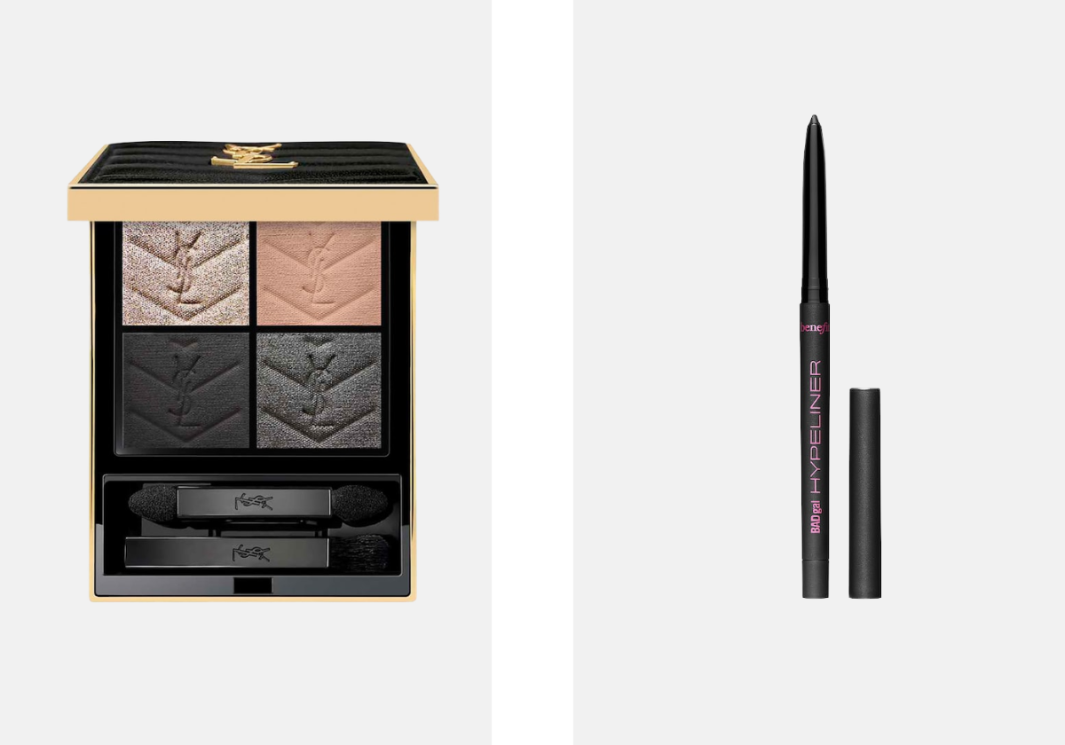 À esquerda: Paleta de sombras de olhos, €71, YSL Beauty, na Sephora. À direita: Lápis de olhos em gel de longa duração e à prova de água BADgal Hypeliner, €29, Benefit Cosmetics, na Sephora.