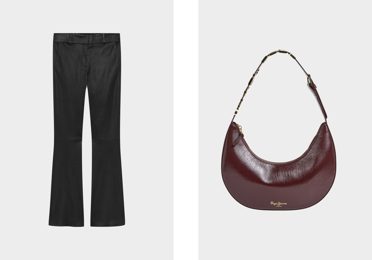 Calças Lucia em pele, € 895, Arma Store; carteira em pele sintética, € 99,90, Pepe Jeans.
