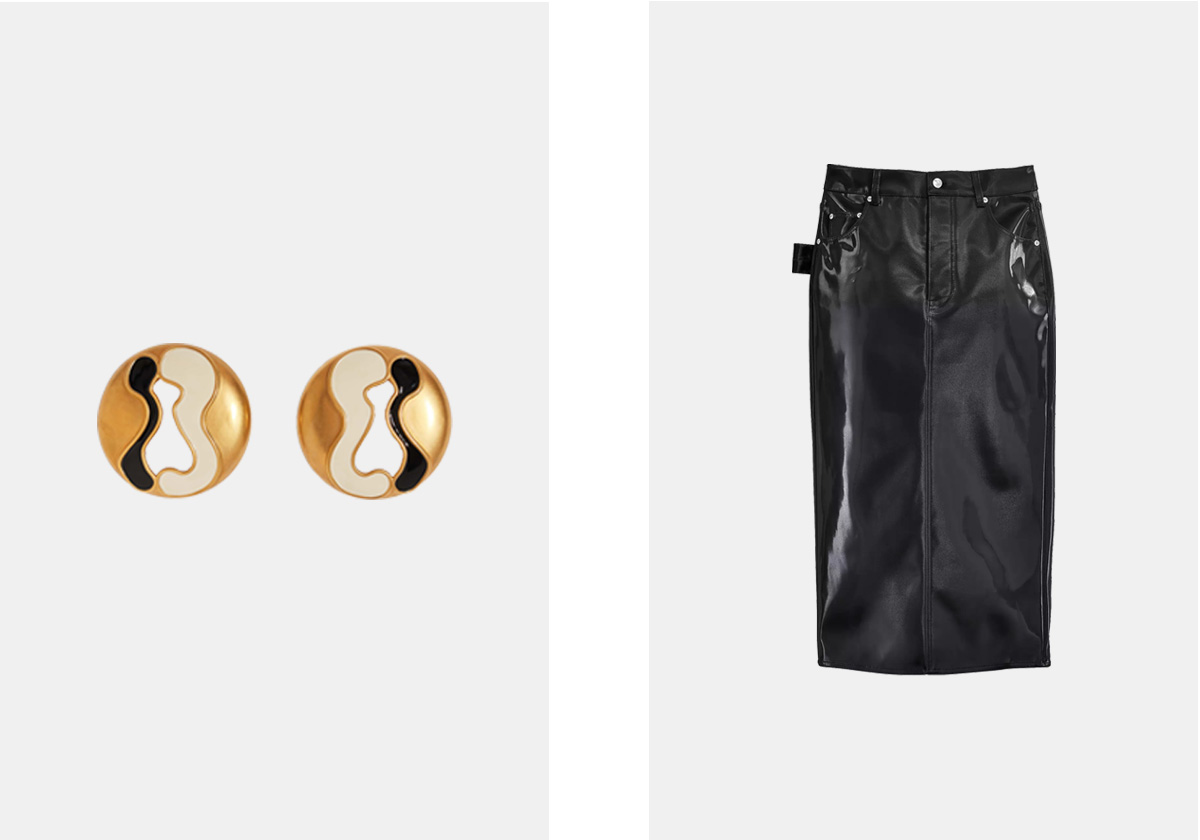 Brincos Keyhole, € 1.350, Schiaparelli; saia refletiva, € 590, Marc Jacobs.