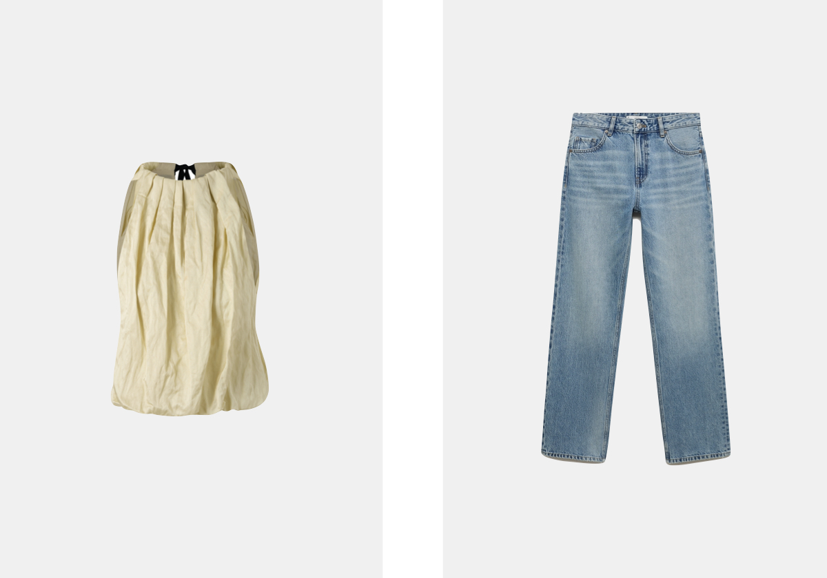 top em algodão e viscose, € 49,99; calças em denim, € 29,99.