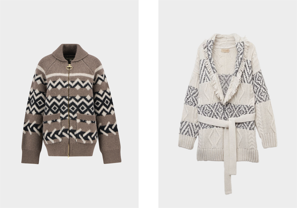 Klara, preço sob consulta, Barbour; em caxemira, € 898, Falconeri.