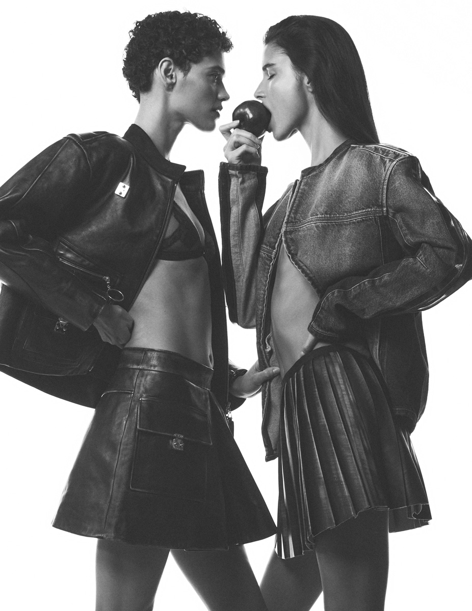 Kerolyn: casaco e saia, LOUIS VUITTON. Soutien, DOLCE & GABBANA. Paula: casaco e saia-calção, DIESEL.