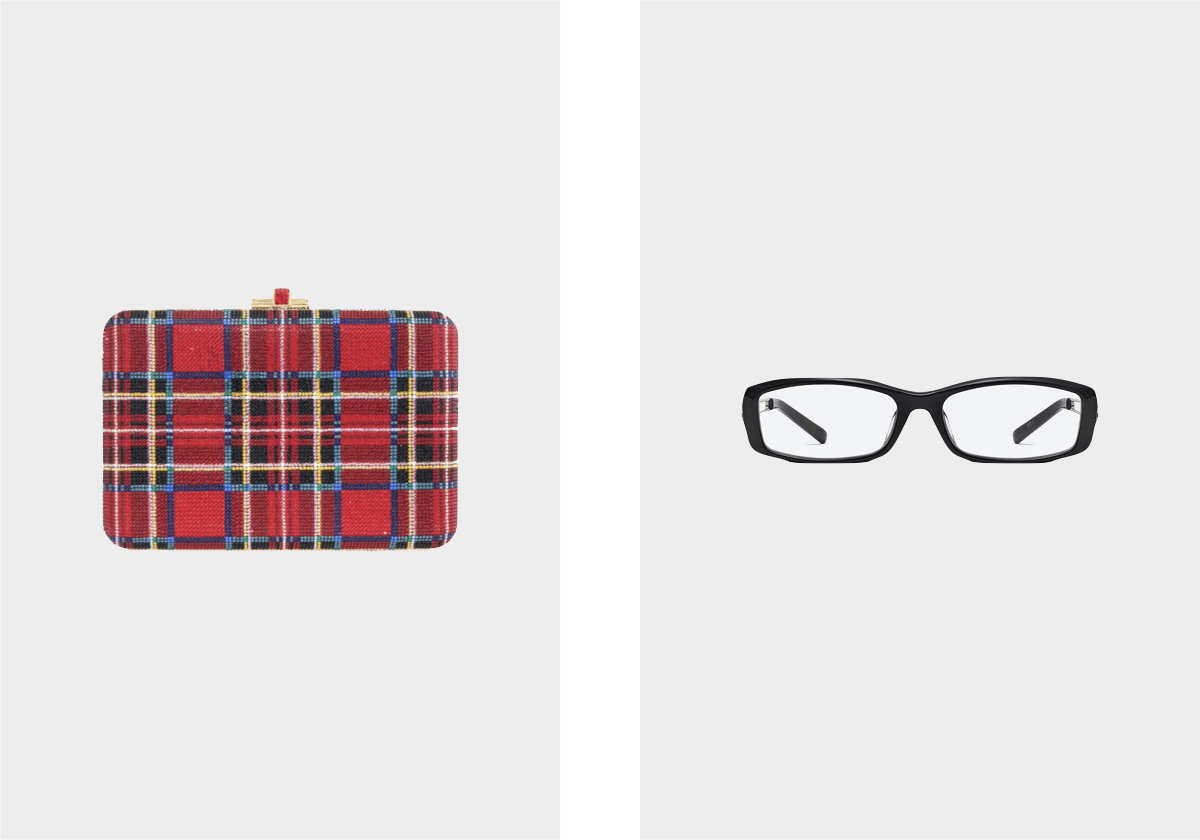 Carteira Slim Slide Royal Stewart, preço sob consulta, Judith Leiber; óculos Era 01, € 250, Gentle Monster.