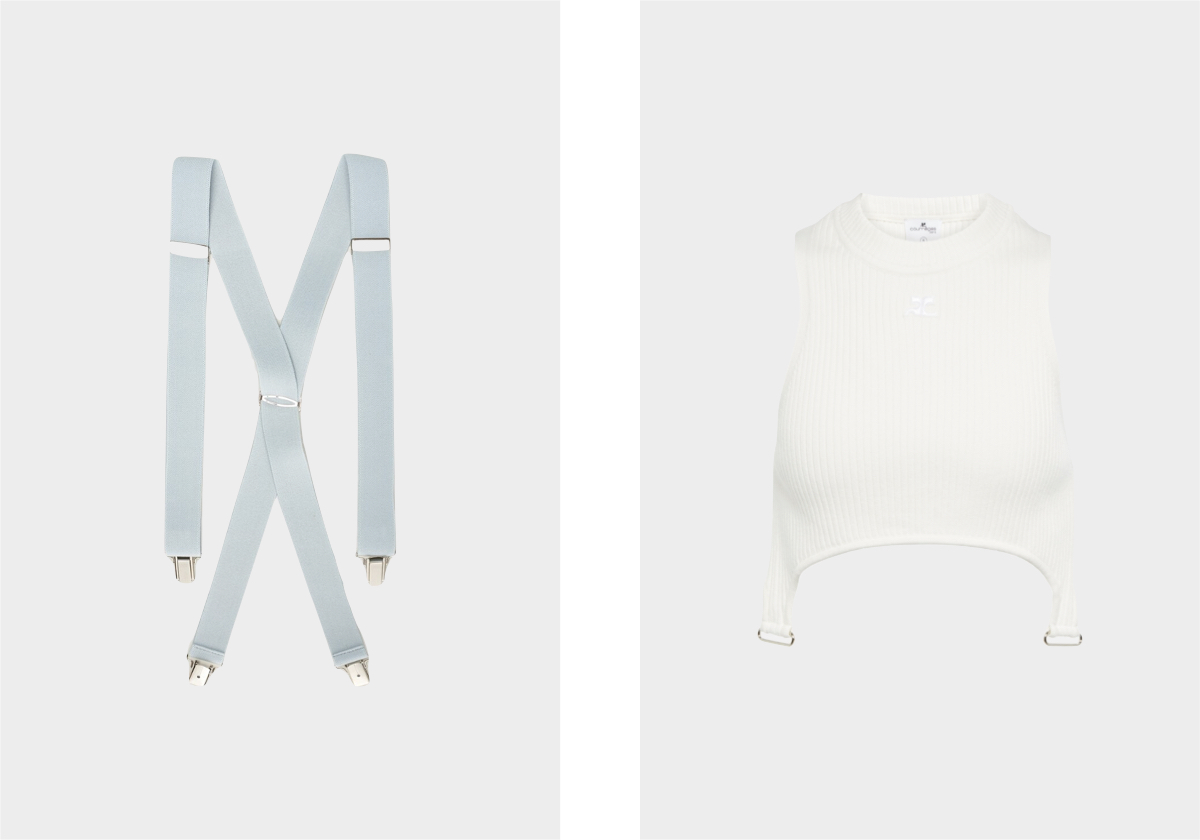 Suspensórios em elastano, € 42, Alsina, em elcorteingles.pt; top em algodão, € 320, Courrèges, em farfetch.com