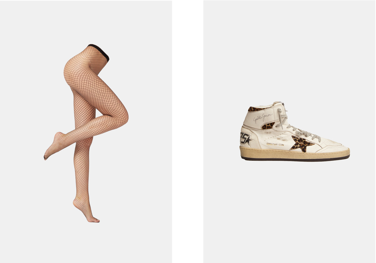 Collants de rede, € 9,95, Calzedonia; Ténis Sky-Star, € 575, Golden Goose.