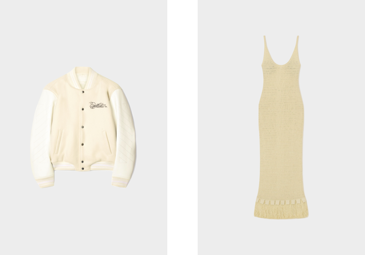 Casaco em pele e lã, € 2.950, Off-White; vestido em algodão, € 695, Nanushka.