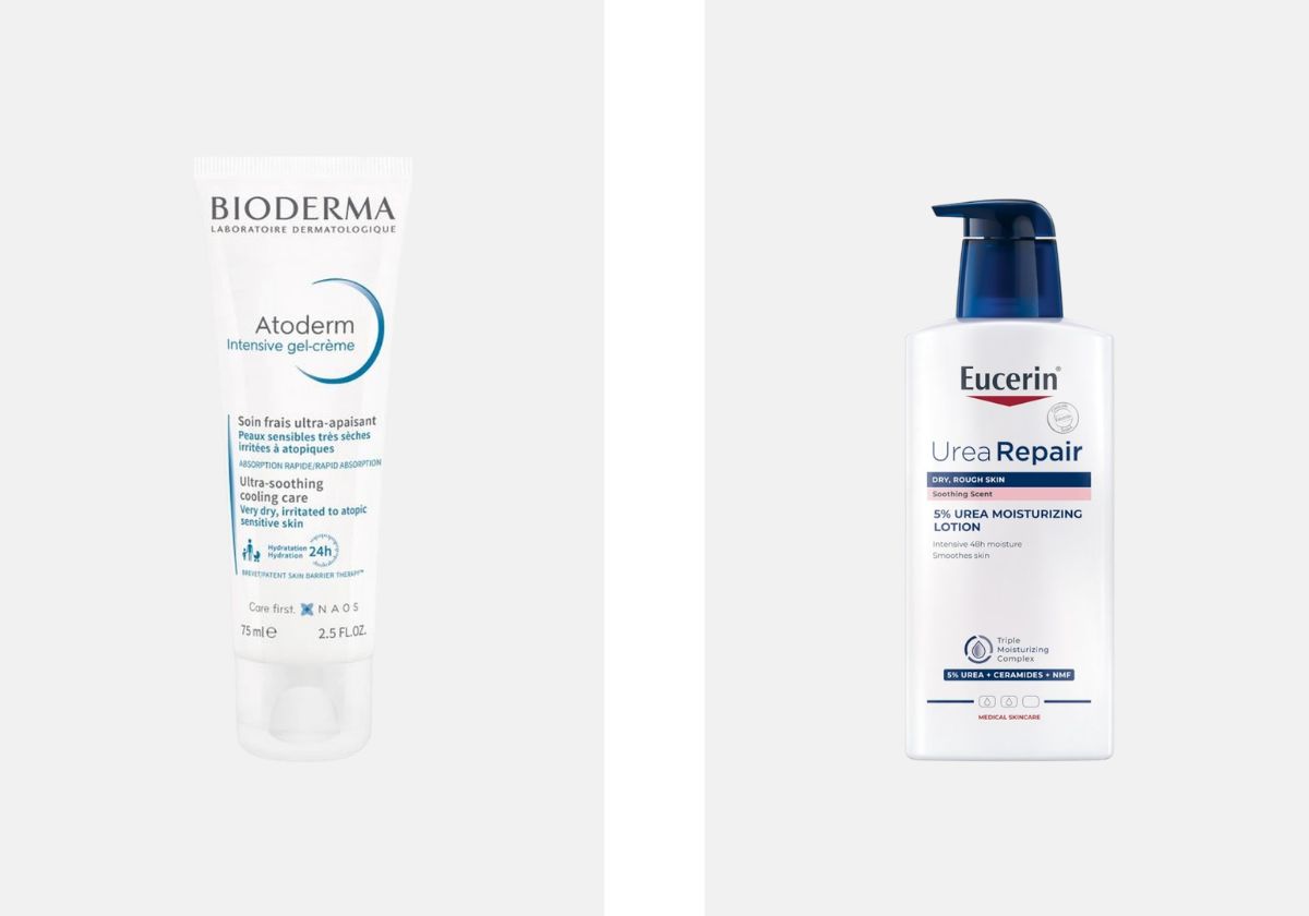 À esquerda: Creme Atoderm Intensive Gel-Creme, €15,95, Bioderma, no El Corte Inglés. À direita: Loção hidratante 5% Ureia UreaRepair Plus, €30,19, Eucerin, no El Corte Inglés.