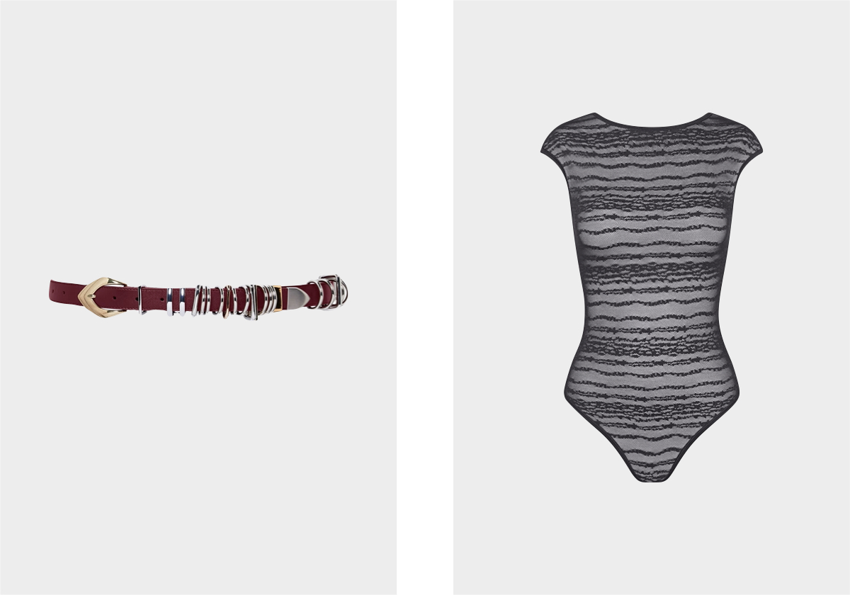 Cinto em pele e metal, € 310, inan studio; top Free Evolve, € 30, Sloggi.