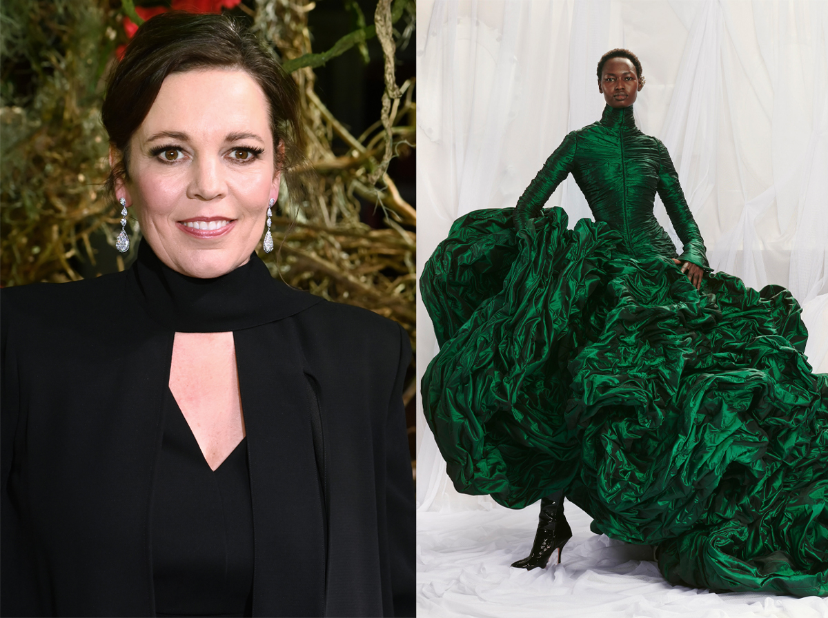 À direita: Olivia Colman © Getty Images | À esquerda: Jean Paul-Gautier Alta-Costura, primavera/verão 2022 © ImaxTree