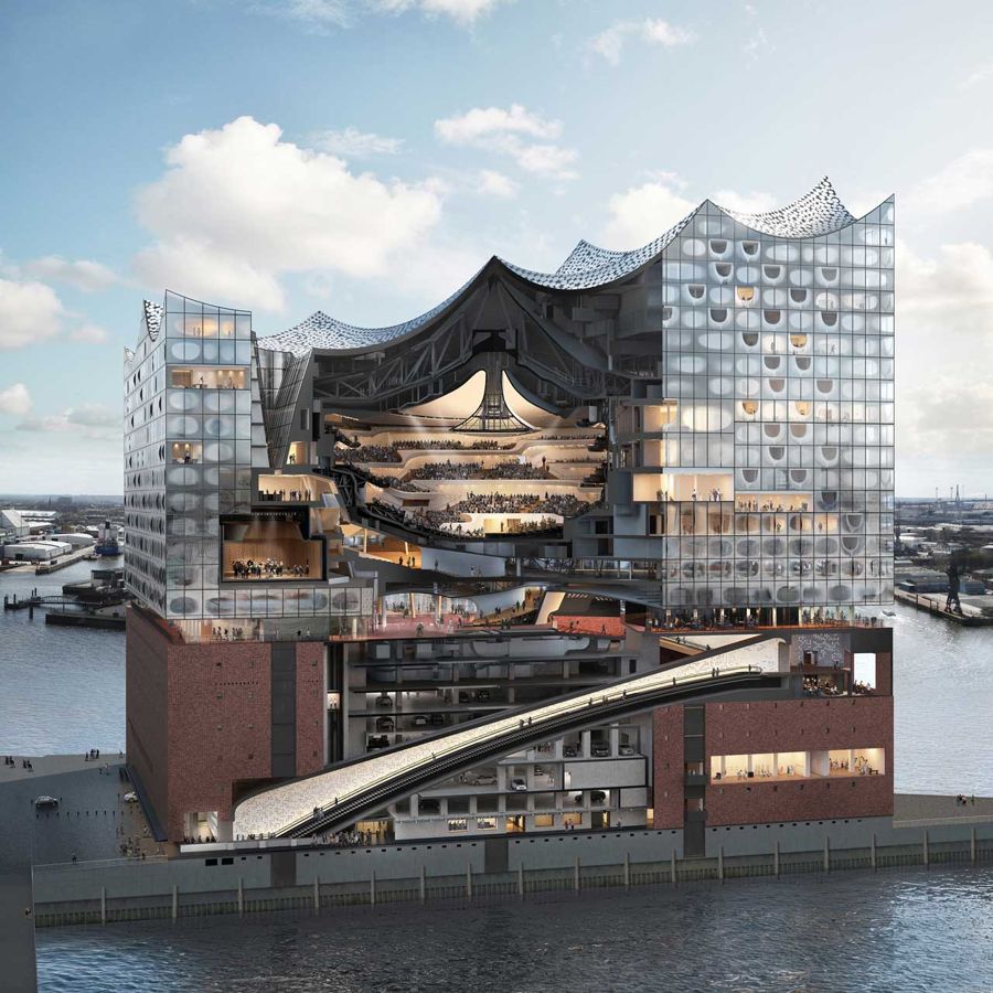 A cross-section of Hamburg's new concert hall, the Elbphilharmonie, designed by Herzog & de Meuron. Chanel staged its Métiers d'Art 2017-2018 collection here, accompanied by a chamber orchestra