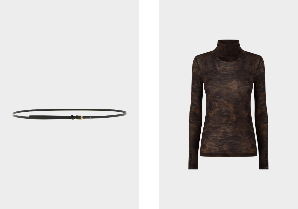 Cinto em pele, € 431, Tom Ford, em cettire.com; top Dolcevita, € 125, Pinko.