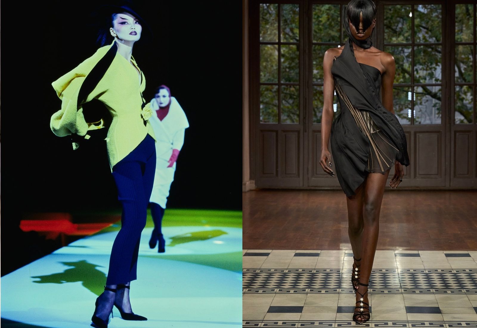 À esquerda: A coleção de alta-costura AW 1997 de Thierry Mugler, apresentada pouco depois de a marca ter sido adquirida pela Clarins. À direita: O último desfile de Casey Cadwallader para a casa foi mais discreto que contrastava com os desfiles em grande escala repletos de atuações que apresentou no passado.