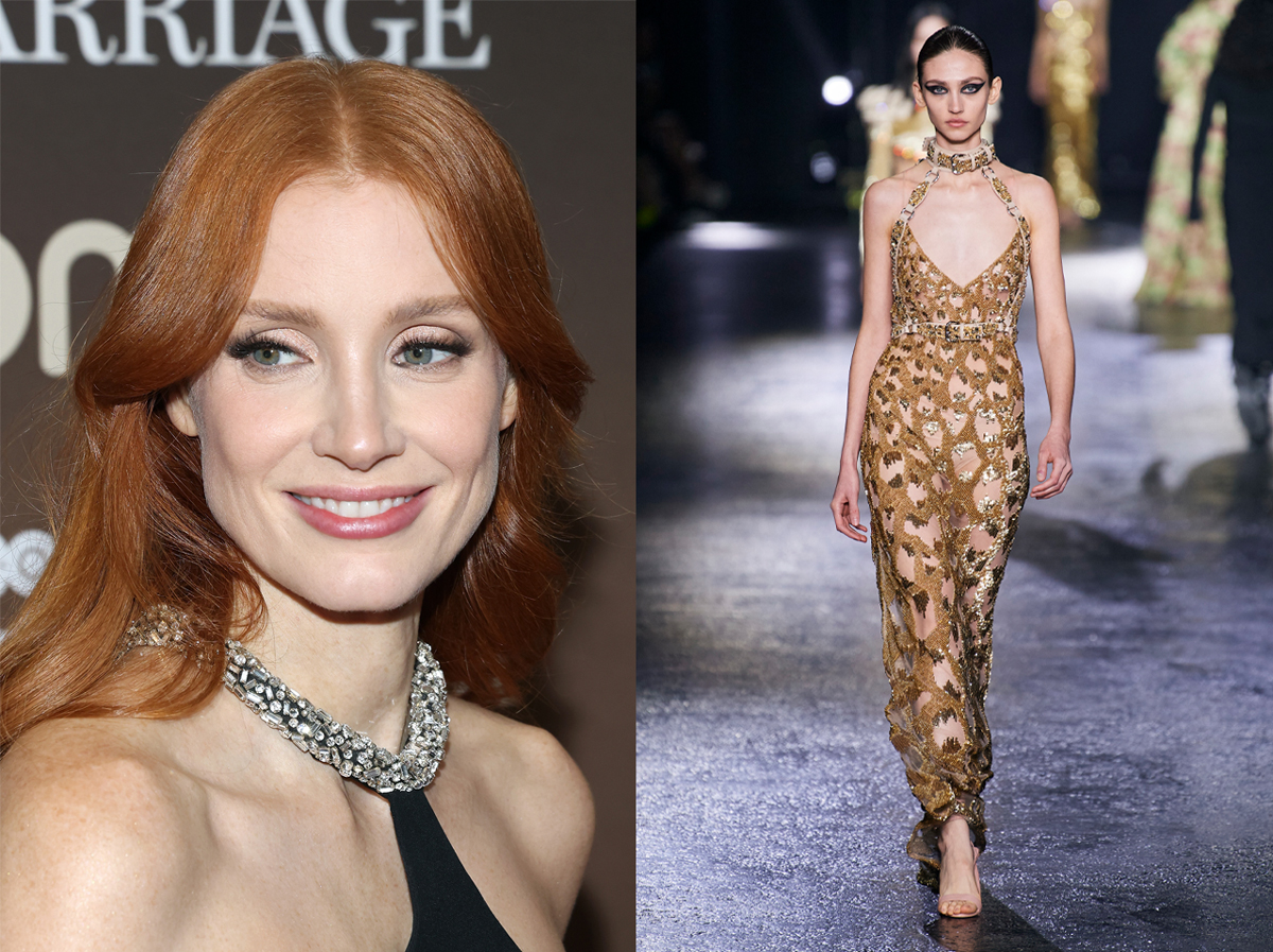 À direita: Jessica Chastain © Getty Images | À esquerda: Roberto Cavalli, outono/inverno 2022 © ImaxTree