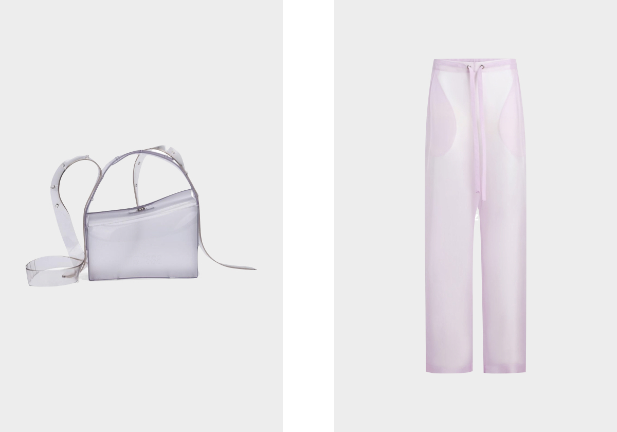 Carteira Clear, € 79, Millsa; Calças Trenton em seda, € 1.460, Khaite.