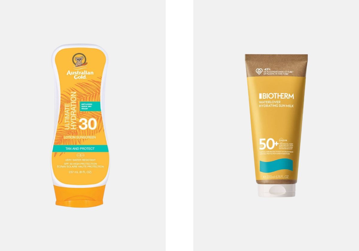 À esquerda: Protetor solar SPF 30 Ultimate Hydration, €23,95, Australian Gold, no El Corte Inglés. À direita: Leite solar hidratante SPF 50+ Waterlover, €37,40, Biotherm, no El Corte Inglés.