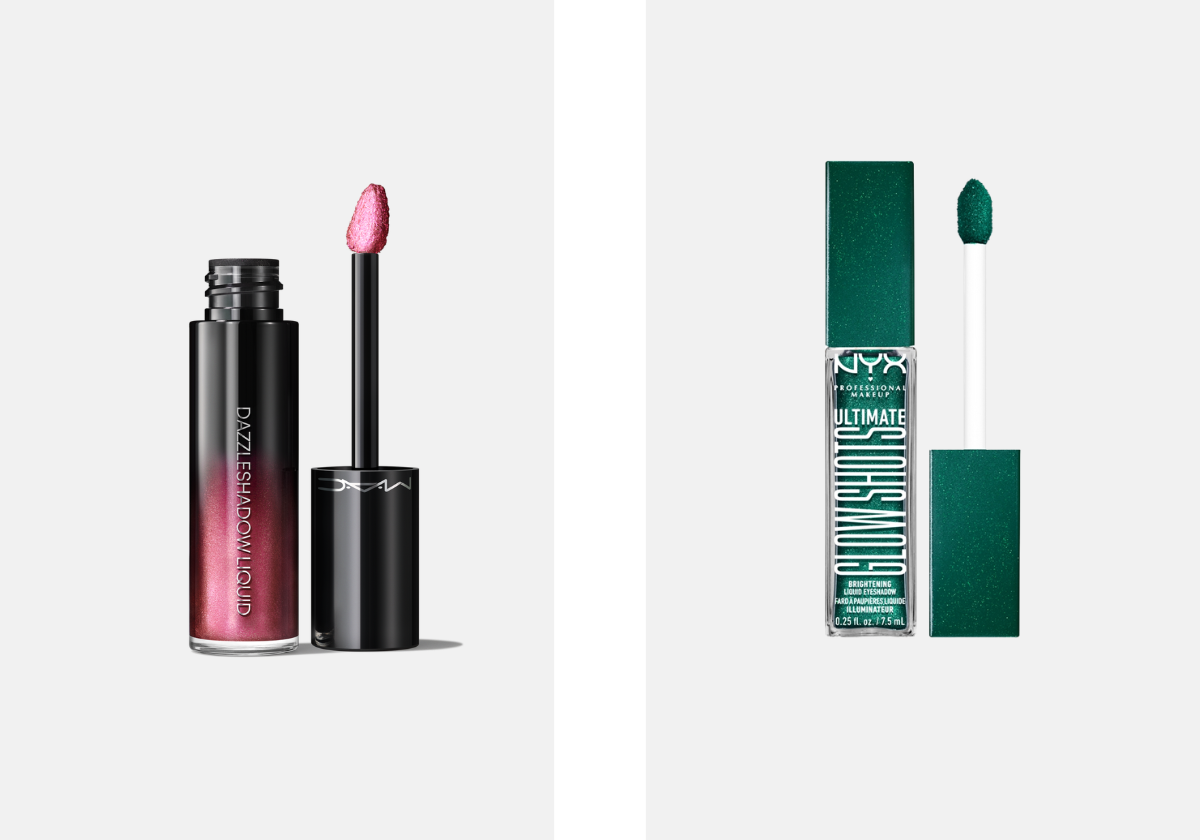 À esquerda: Sombra de olhos líquida glitter e metálico, €29, MAC Cosmetics, na Wells. À direita: Sombra de olhos líquida com brilho, €12, NYX, em notino.pt.