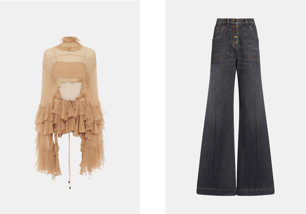 Blusa em seda, 2.390, Chloé; calças em denim, € 820, Etro.