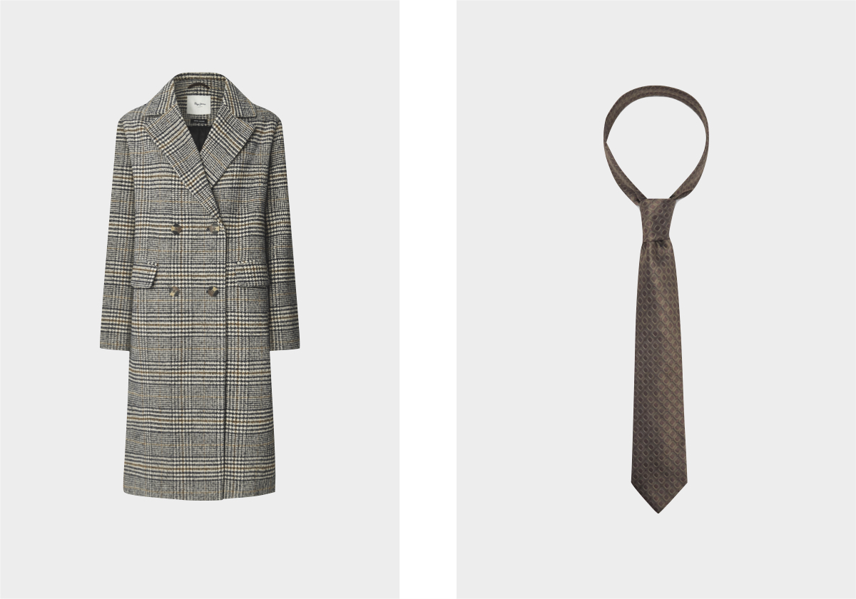 Casaco em poliéster, € 210, Pepe Jeans; gravata em poliéster, € 19,99, Mango.