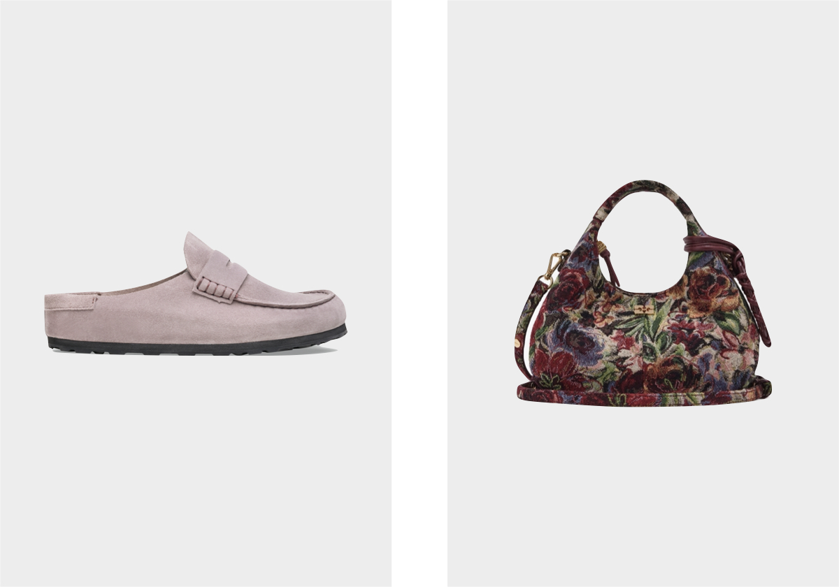 Sapatos Naples Wrapped, € 160, Birkenstock; carteira Tapestry, € 495, Ganni.
