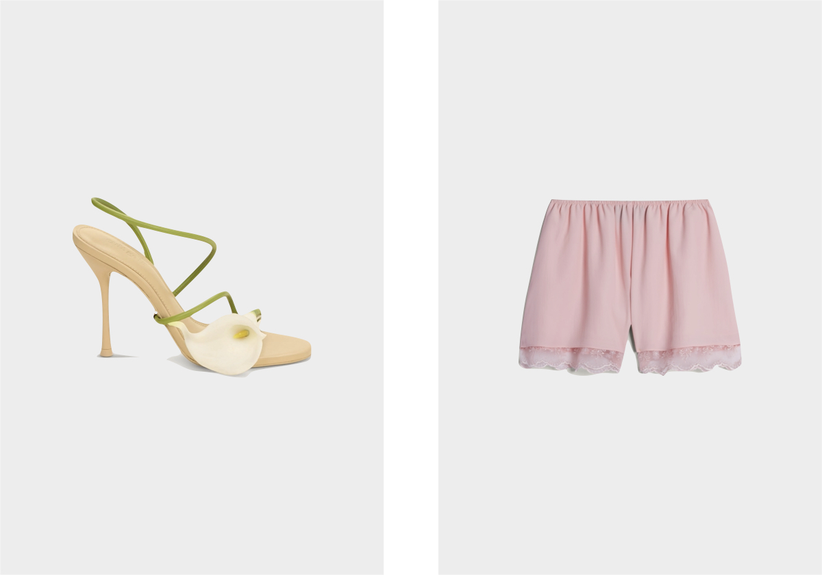 Sandália Cassidy, € 710, Cult Gaia; Calções com renda, preço sob consulta, Simone Rocha.