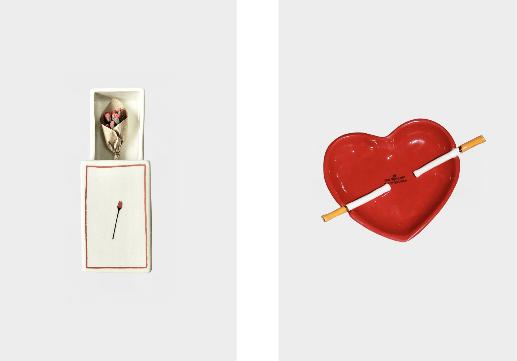 Caixa de fósforos rose, € 62, INI CERAMIQUE, em Iniceramique.com; cinzeiro cross your heart, € 291,95, The Rolling and The Stoned, em Therollingandthestoned.co.uk..