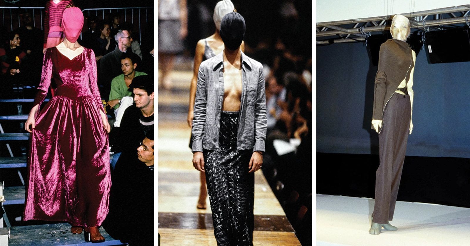 O primeiro desfile de Martin Margiela para a SS89 incluiu looks com máscaras (à esquerda), tal como muitos dos que se seguiram, como na coleção SS96 (meio) e AW98 (à direita).