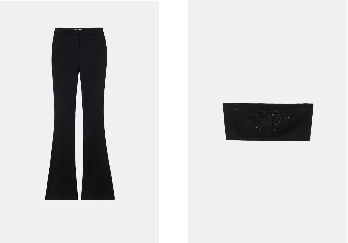Calças em lã, € 895, Blumarine; top bordado, € 249, Max Mara.
