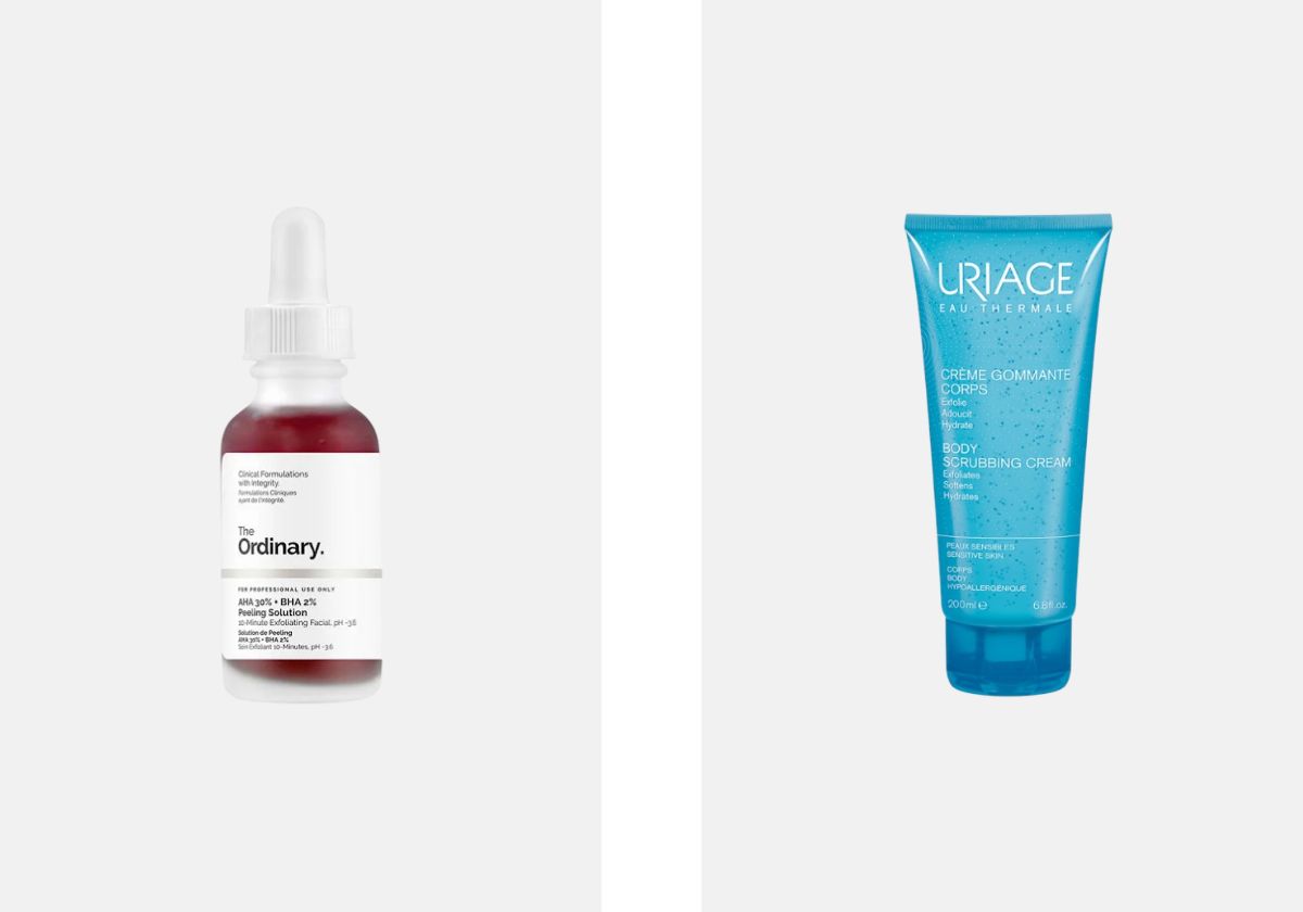 À esquerda: Esfoliante facial Peeling Solution AHA 30 + BHA 2%, €13,99, The Ordinary, na Sephora. À direita: Esfoliante corporal para pele sensível, €16,99, Uriage, na Wells.