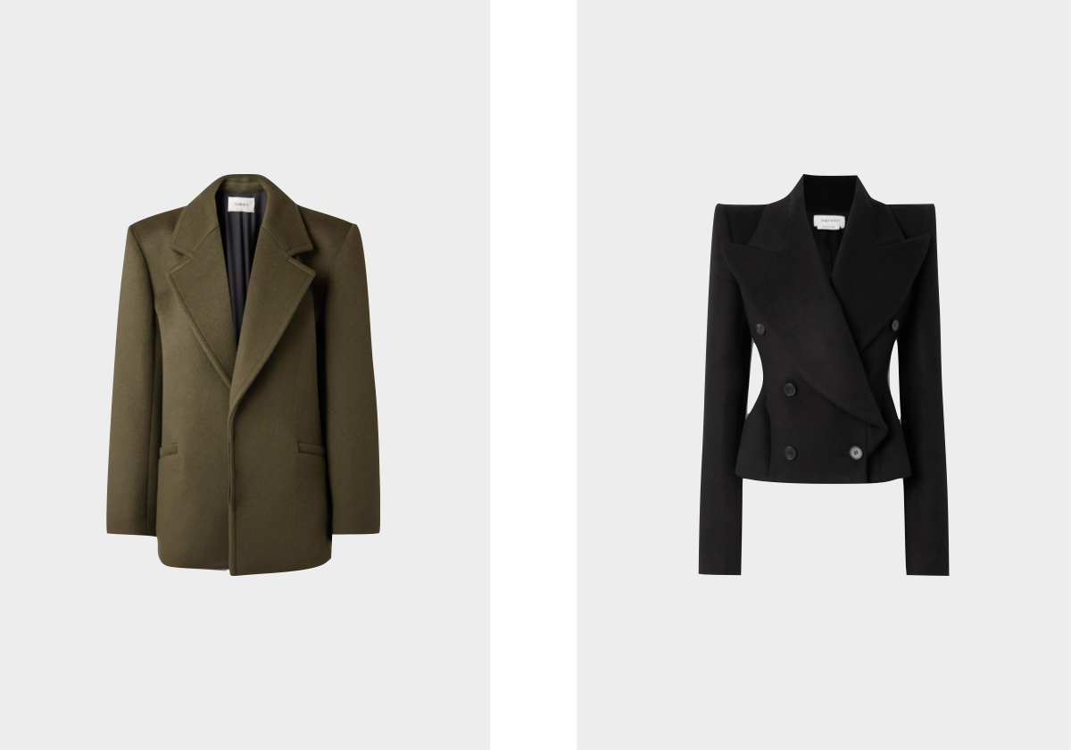 Blazer em lã, € 5,000, Saint Laurent by Anthony Vaccarello, e blazer em lã e caxemira, € 2.400, McQueen, ambos em net-a-porter.com