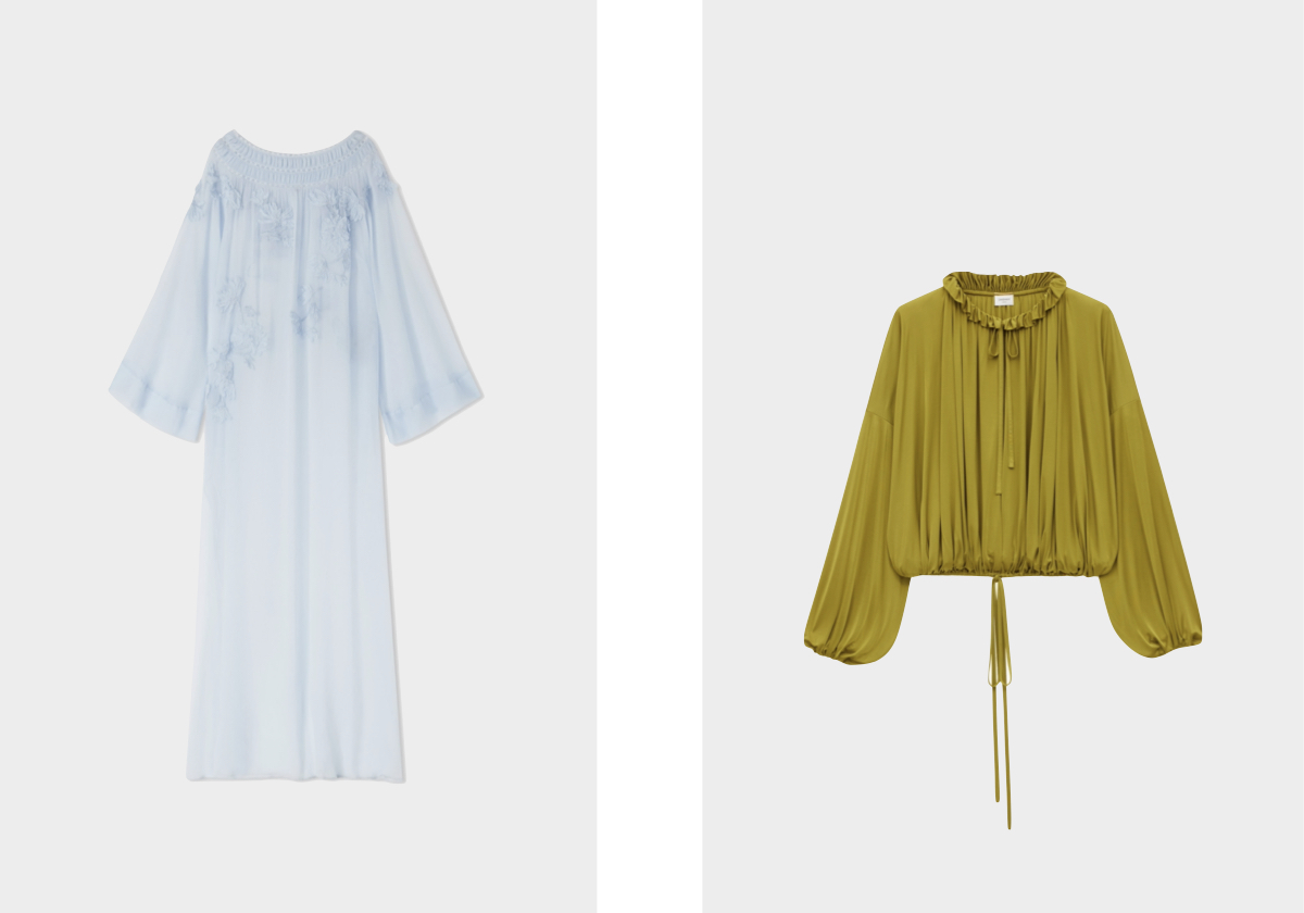 Túnica em seda, € 3.990, Ermanno Scervino; Blusa em viscose, € 1.750, Saint Laurent by Anthony Vaccarello.