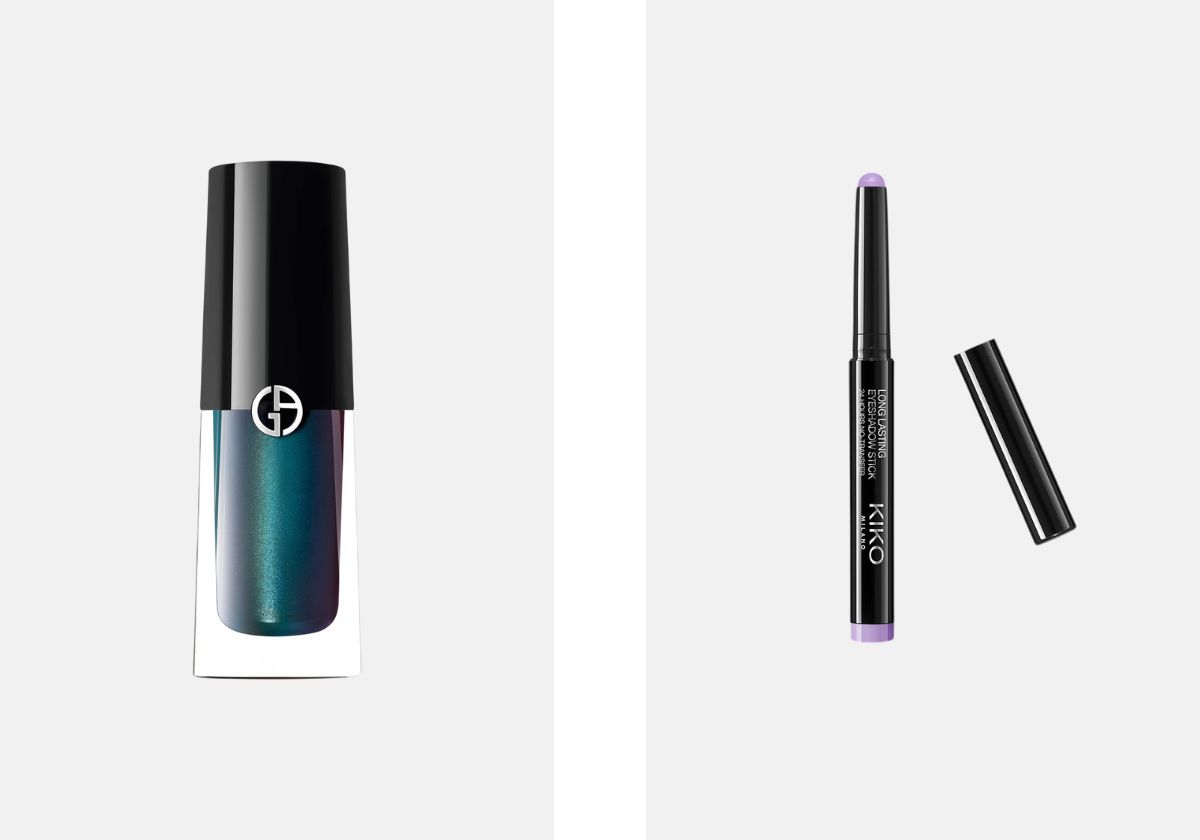 Sombra líquida Eye Tint, no tom 50S Petrol, € 34,85, Armani Beauty, na Sephora; Sombra em stick New Long Lasting, no tom 11 Lilac, € 9,99, KIKO Milano.