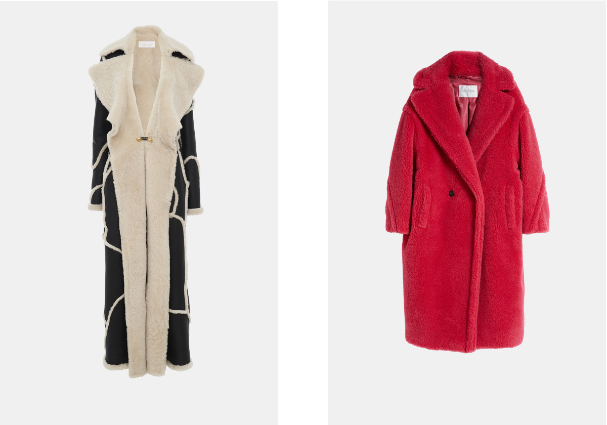 Em sherling, € 9.500, Chloé; Teddy Bear em pelo, € 2.209, Max Mara.