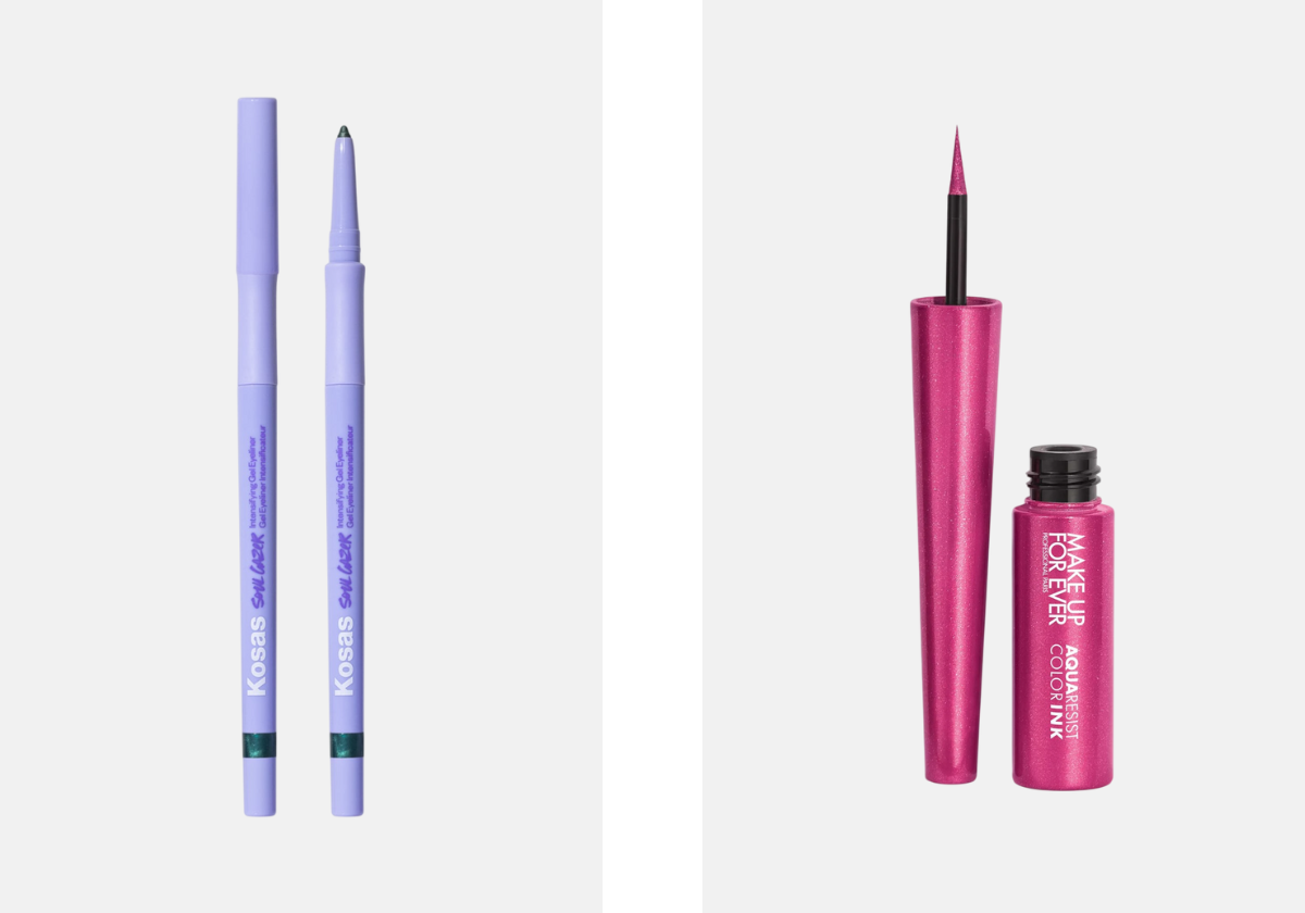 Eyeliner em gel Soulgazer, no tom Eternal, € 27, Kosas, na Sephora; Eyeliner Aqua Resist Colour Ink, no tom Pink Dazzle, € 23,95, Makeup Forever, na Cult Beauty.